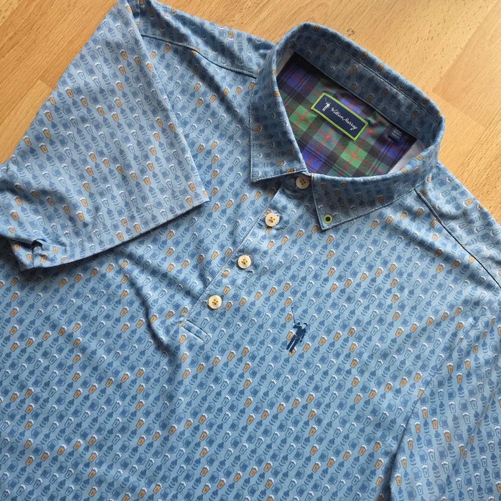 William Murray Golf Mens Blue Beer Mug Print Performance Polo Shirt Large